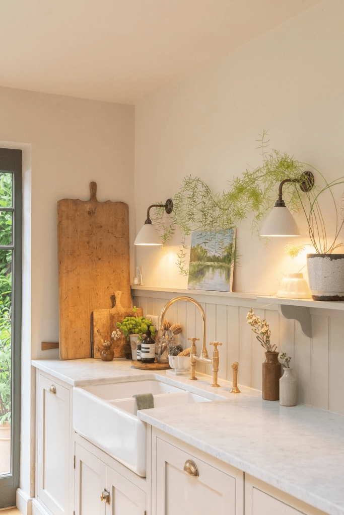 Poignées en laiton patiné sur des meubles de cuisine clairs d'inspiration cottage anglais